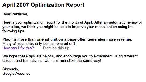 Google adsense april 2007 optimization report